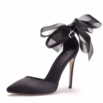 Mooie Prachtige Zwarte Satijn Gala Sandalen Dames 2020 Strik Enkelband 11 Cm Naaldhakken Stiletto Spitse Neus Sandalen