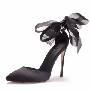 Chic Beautiful Black Satin Prom Womens Sandals 2020 Bow Ankle Strap 11 Cm Stiletto Heels Pointed Toe Sandals