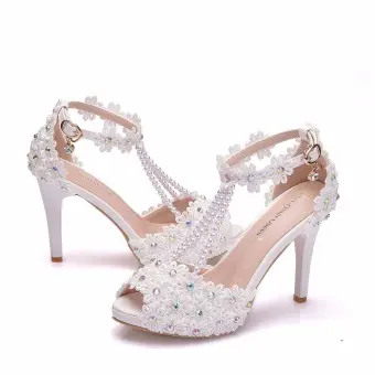 Eleganta Elfenben Bal Pärla Damskor 2020 Rhinestone Spets Blomma Ankelband 10 Cm Stilettklackar Peep Toe Sandaler