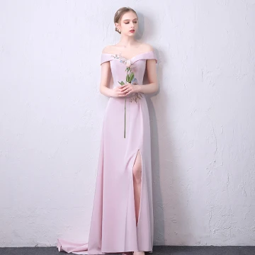 Elegant Candy Pink Formal Dresses 2018 A Line Princess Pearl Appliques Rhinestone Split Front Scoop Neck Short Sleeve Backless Sweep Train Evening Dresses