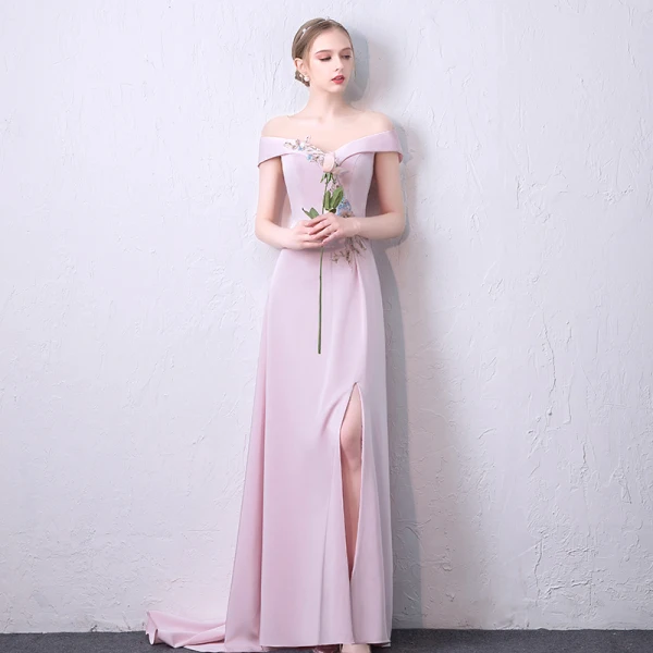 Elegante Candy Roze Gelegenheid Jurken 2018 A lijn Parel Appliques Rhinestone Split Voorzijde Ronde Hals Korte Mouwen Ruglooze Sweep Trein Avondjurken
