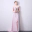 Elegante Candy Roze Gelegenheid Jurken 2018 A lijn Parel Appliques Rhinestone Split Voorzijde Ronde Hals Korte Mouwen Ruglooze Sweep Trein Avondjurken