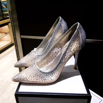 Charming Silver Cocktail Party Rhinestone Pumps 2020 Leather 10 Cm Stiletto Heels Pointed Toe Pumps
