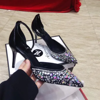 Chic Belle Noire Cocktail Faux Diamant Sandales Femme 2020 Cuir Bride Cheville 9 Cm Talons Aiguilles À Bout Pointu Sandales