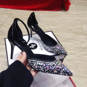 Chic Beautiful Black Cocktail Party Rhinestone Womens Sandals 2020 Leather Ankle Strap 9 Cm Stiletto Heels Pointed Toe Sandals