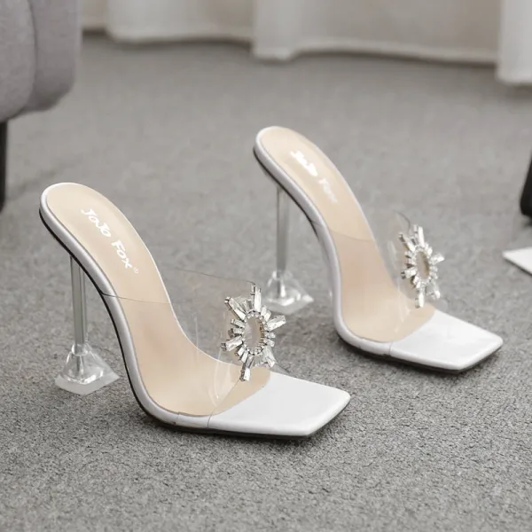 Transparent Sexy White Street Wear Womens Sandals 2020 Rhinestone 11 cm Stiletto Heels Open / Peep Toe Sandals