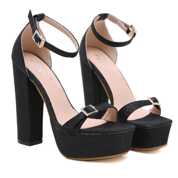 Mode Zwarte Straatkleding Sandalen Dames 2020 Enkelband 13 cm Dikke Hak Peep Toe Sandalen