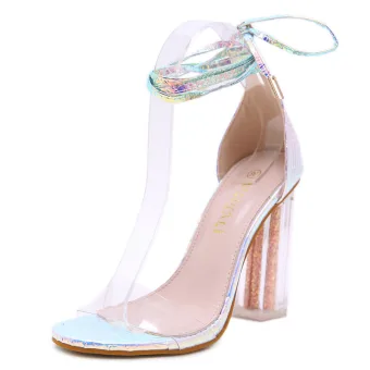 Sexy Silver Evening Party Laser Womens Sandals 2020 Ankle Strap 11 Cm Thick Heels Open Peep Toe Sandals