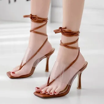 Mode Marron Vêtement De Rue Chaussures Femmes 2020 Bride Cheville 9 Cm Talons Aiguilles Peep Toes Bout Ouvert Sandales
