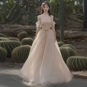 Charmant Champagne Glitter Paillettes Robe De Bal 2021 Princesse De L 039 Épaule Manches Courtes Dos Nu Longue Promo Robe De Ceremonie