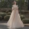 Charming Champagne Glitter Sequins Prom Dresses 2021 A-Line / Princess Off-The-Shoulder Short Sleeve Backless Floor-Length / Long Prom Formal Dresses