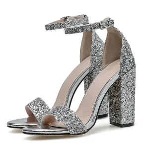 Scintillantes Argenté Soirée Paillettes Sandales Femme 2020 Bride Cheville 11 Cm Talons Épais Peep Toes Bout Ouvert Sandales