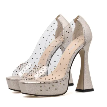 Doorzichtig Goud Feest Rhinestone Sandalen Dames 2020 13 Cm Dikke Hak Peep Toe Sandalen