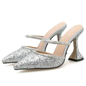 Scintillantes Argenté Vêtement De Rue Faux Diamant Paillettes Sandales Femme 2020 9 Cm Talons Aiguilles À Bout Pointu Sandales