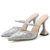 Scintillantes Argenté Vêtement de rue Faux Diamant Paillettes Sandales Femme 2020 9 cm Talons Aiguilles À Bout Pointu Sandales