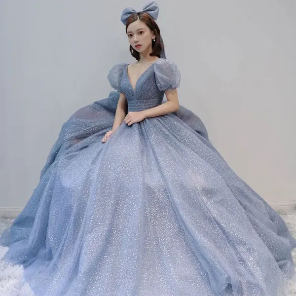 strapless open back dress Off Shoulder Blue Princess Style Satin Prom Dress With Crystal main image 1