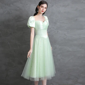 Modest Simple Mint Green A Line Princess Homecoming Graduation Dresses 2021 Square Neckline Short Sleeve Tea Length Formal Dresses