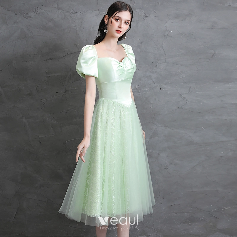 sachin and babi light blue dress Modest / Simple Mint Green A-Line / Princess Homecoming Graduation Dresses  2021 Square Neckline Short Sleeve Tea-length Formal Dresses