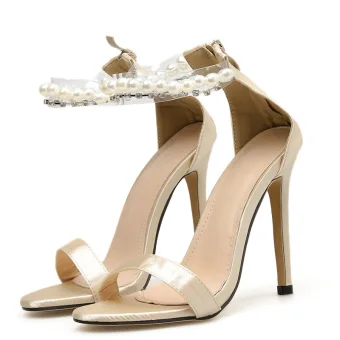Fine Aprikos Hage Utendørs Sandaler Dame 2020 Perle Ankelstropp 11 Cm Stiletthæler Peep Toe Sandaler