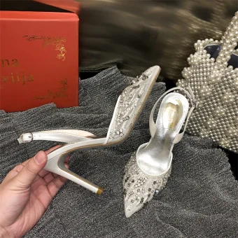Charming White Leather Dating Womens Sandals 2020 Pearl Rhinestone Sequins 10 Cm Stiletto Heels Pointed Toe Slingbacks Sandals