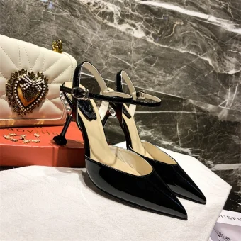 Charmant Noire Vêtement De Rue Sandales Femme 2020 Cuir 8 Cm Talons Aiguilles À Bout Pointu Sandales