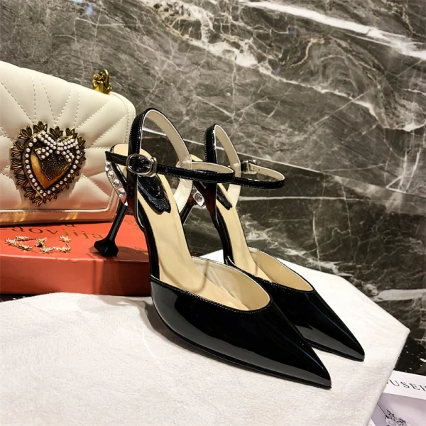Charmant Noire Vêtement de rue Sandales Femme 2020 Cuir 8 cm Talons Aiguilles À Bout Pointu Sandales