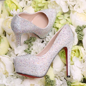 Sparkly Sølv Brudesko 2018 Rhinestone 14 Cm Stiletthæler Platform Rund Tå Bryllup Pumps