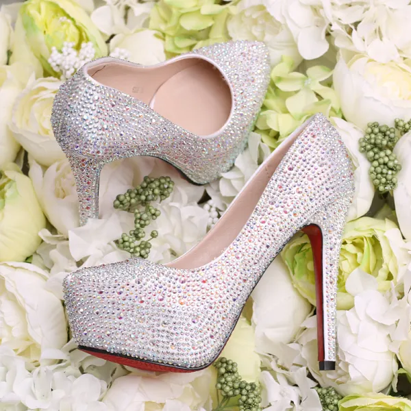 Sparkly Silver Wedding Shoes 2018 Rhinestone 14 cm Stiletto Heels Platform Round Toe Wedding Pumps