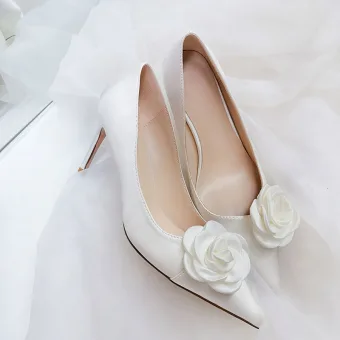 Elegant White Prom Flower Pumps 2020 9 Cm Stiletto Heels Pointed Toe Pumps