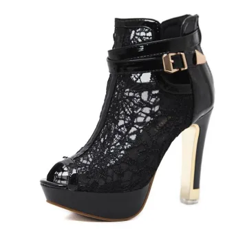 Fashion Black Street Wear Lace Pierced Womens Sandals 2020 11 Cm Stiletto Heels Open Peep Toe Sandals