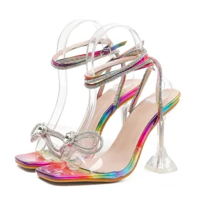 Sexy Multi Couleurs Cocktail Sandales Femme 2020 Faux Diamant Bride Cheville Noeud 10 Cm Talons Aiguilles Peep Toes Bout Ouvert Sandales