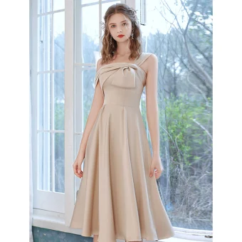 Fashion Champagne Satin Homecoming Graduation Dresses 2021 A Line Princess One Shoulder Bow Short Sleeve Backless Tea Length Formal Dresses