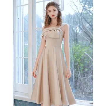 Mode Champagner Satin Heimkehr Abiballkleider 2021 A Linie One Shoulder Schleife Kurze Ärmel Rückenfreies Wadenlang Festliche Kleider