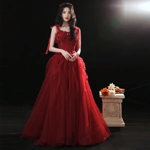 Charming Burgundy Prom Dresses 2021 A Line Princess Spaghetti Straps Bow Beading Sequins Sleeveless Backless Floor