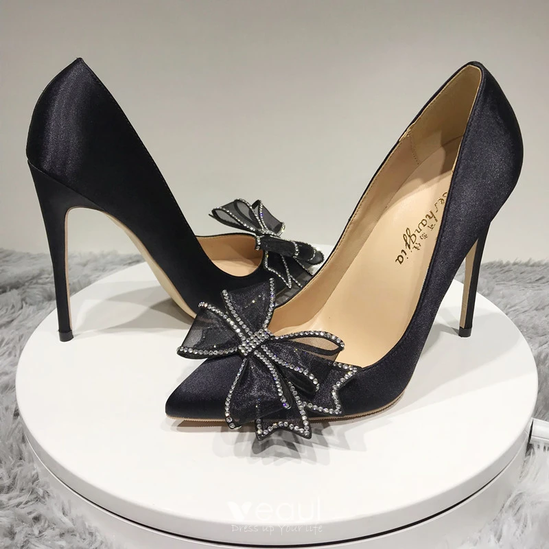 Chic / Beautiful Black Prom Pumps 2020 Satin Rhinestone Bow 12 cm Stiletto Heels Pointed Toe Pumps Chic / Beautiful Black Prom Pumps 2020 Satin Rhinestone Bow 12 cm Stiletto Heels Pointed Toe Pumps