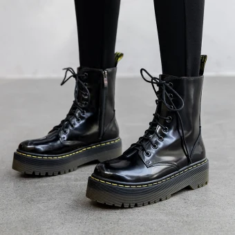 Fashion Black Street Wear Leather Round Toe Womens Boots 2020