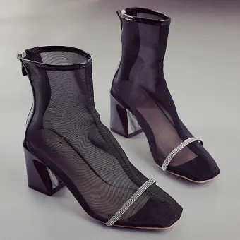 Chic Beautiful Black Street Wear See Through Womens Sandals 2020 7 Cm Thick Heels Pointed Toe Sandals