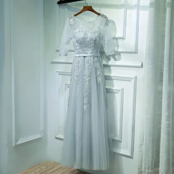 Modest Simple Grape Wedding Party Dresses Bridesmaid Dresses 2017 Lace Flower Scoop Neck 1 2 Sleeves Ankle Length A Line Princess