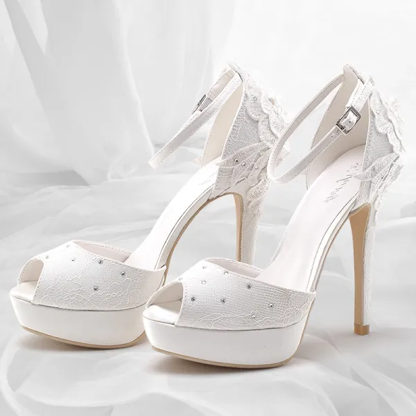 Chic / Beautiful White Summer Womens Shoes 2018 Leather Flower Buckle Rhinestone 12 cm Stiletto Heels Platform Open / Peep Toe Wedding High Heels