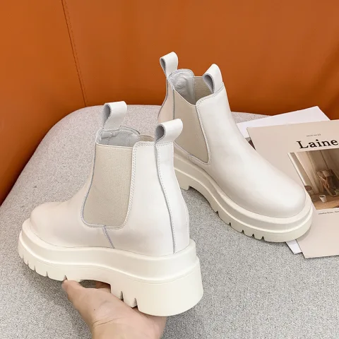 Schlicht Beige Freizeit Leder Flache Runde Zeh Stiefel Damen 2020