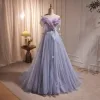 Charming Lavender Butterfly Appliques Pearl Sequins Prom Dresses 2023 A-Line / Princess Strapless Sleeveless Backless Sweep Train Prom Formal Dresses