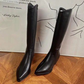 Chic Beautiful Winter Black Street Wear Knee High Womens Boots 2020 Leather 5 Cm Thick Heels Pointed Toe Boots