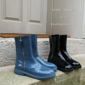 Fabulous Fall Ocean Blue Casual Leather Low Heel Womens Boots 2020 Patent Leather 3 Cm Thick Heels Round Toe Boots