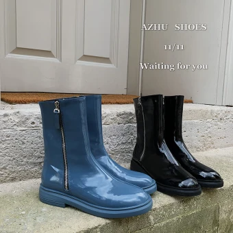 Fabulous Fall Ocean Blue Casual Leather Low Heel Womens Boots 2020 Patent Leather 3 Cm Thick Heels Round Toe Boots
