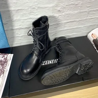 Fashion Fall Black Street Wear Leather Ankle Womens Boots 2020 Round Toe Flat Boots