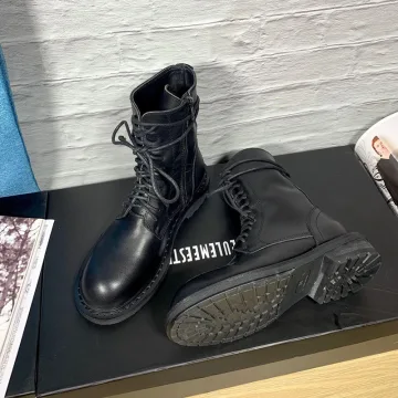 Mode Tomber Noire Vêtement De Rue Cuir Bottines Bottes Femme 2020 À Bout Rond Plate Bottes