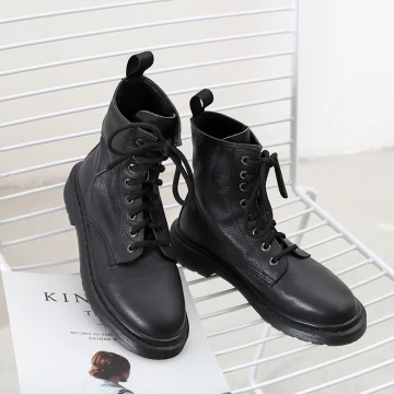 Mode Hiver Noire Désinvolte Cuir Plate À Bout Rond Bottes Femme 2020