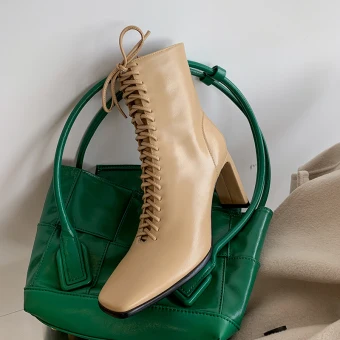 Modest Simple Winter Beige Street Wear Ankle Womens Boots 2020 Leather 8 Cm Thick Heels Square Toe Boots