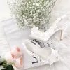 Chic / Beautiful Ivory Wedding Shoes 2018 Leather Buckle Flower 8 cm Stiletto Heels Open / Peep Toe Wedding High Heels