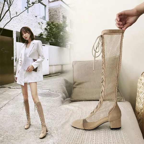Mode Abrikoos Beige Straatkleding Doorboord Dames Laarzen 2020 4 cm Dikke Hak Lage Hak Spitse Neus